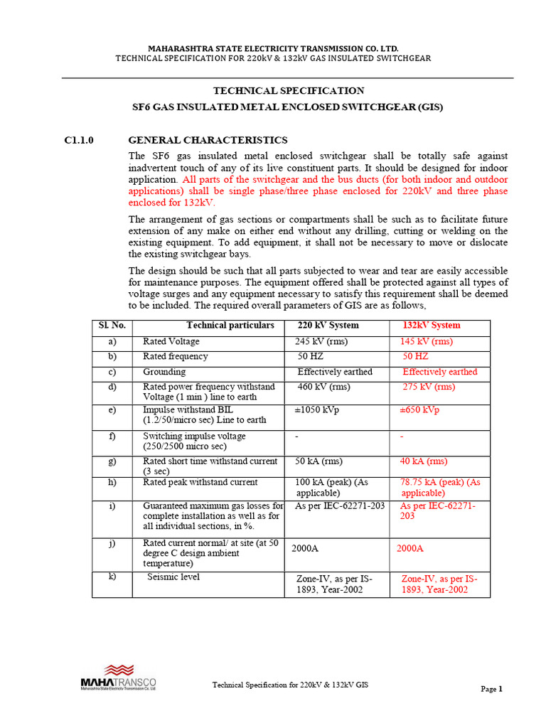 220kV Gas Insulated Switchgear Specs | PDF | Insulator (Electricity ...