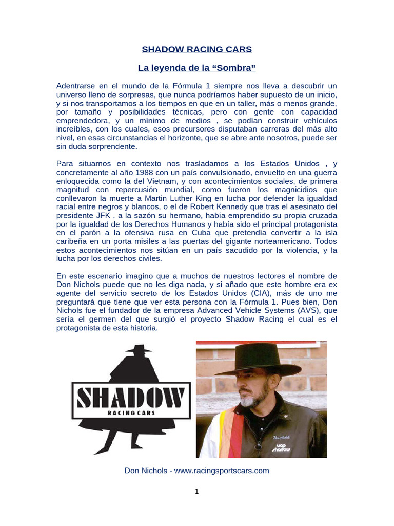 Shadow Racing Cars VF-1 | PDF | Grand Prix Motor Racing | Open Wheel Racing