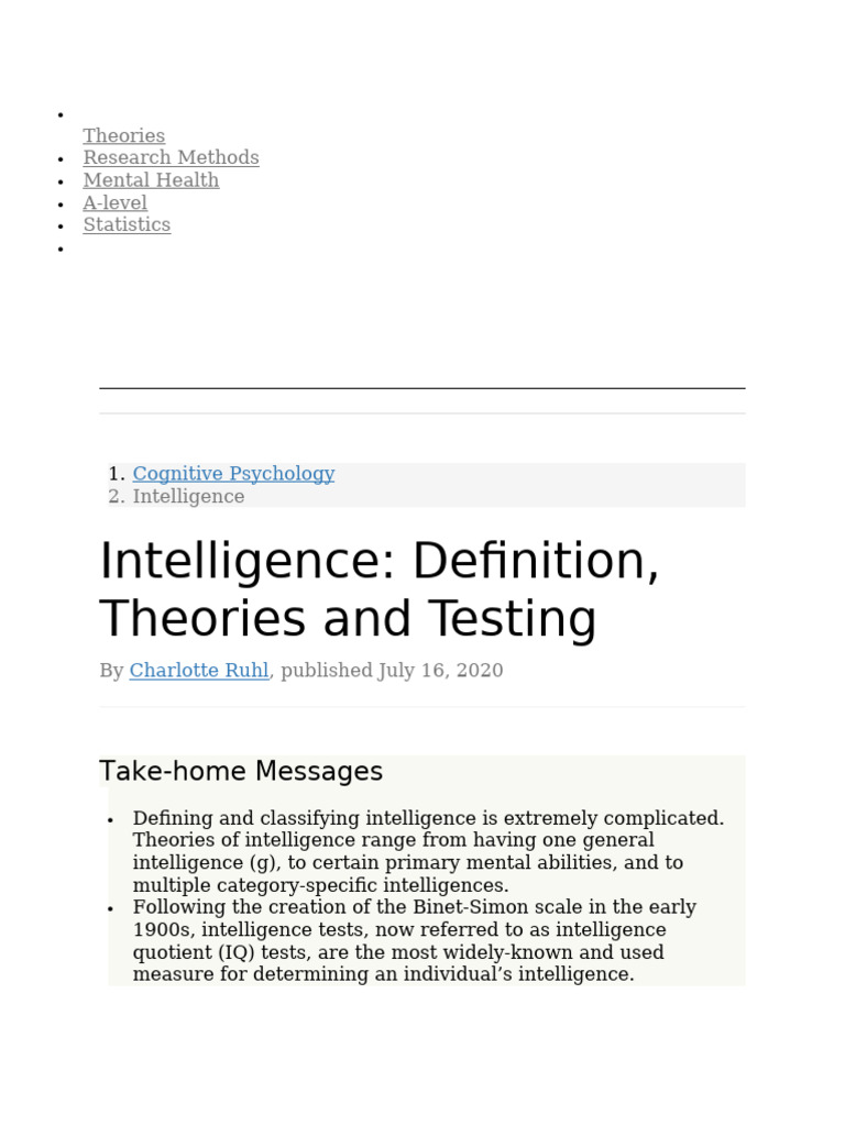Intelligence Theories and Testing Overview | PDF | Wechsler Adult ...