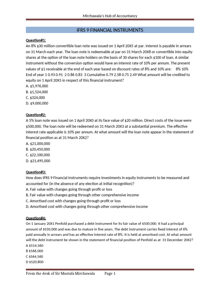 IFRS 9 FINANCIAL INSTRUMENTS Questions | PDF | Fair Value | Balance Sheet