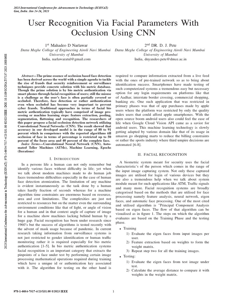 User Recognition Via Facial Parameters With Occlusion Using CNN | PDF ...