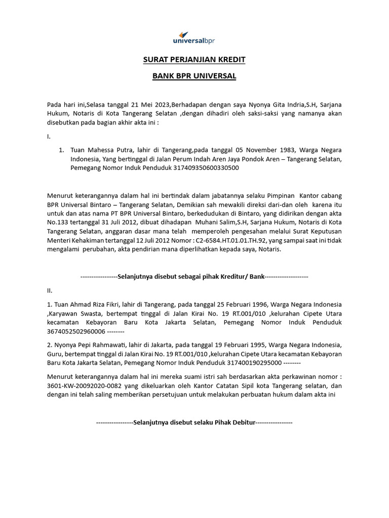 Perjanjian Kredit BPR Universal Tangerang | PDF