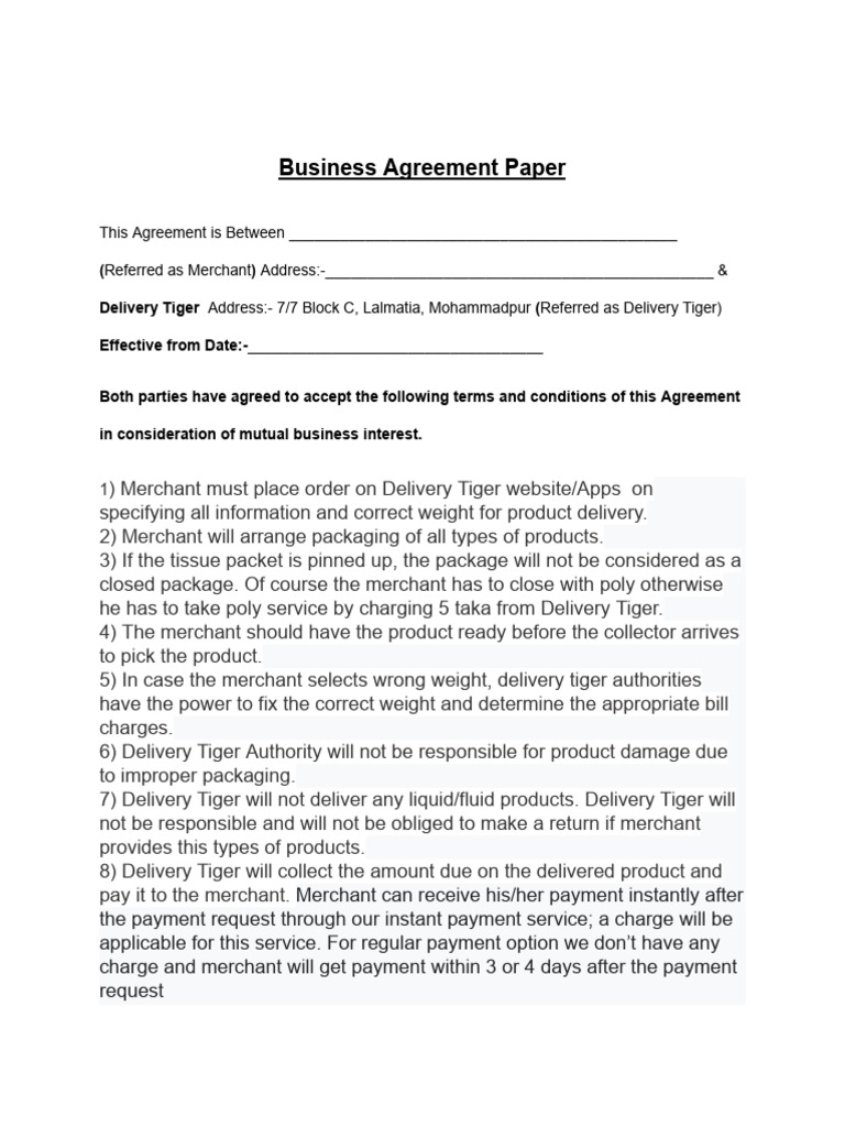 Delivery Tiger Agreement Paper Draft Copy 2023 (English) | PDF | Business