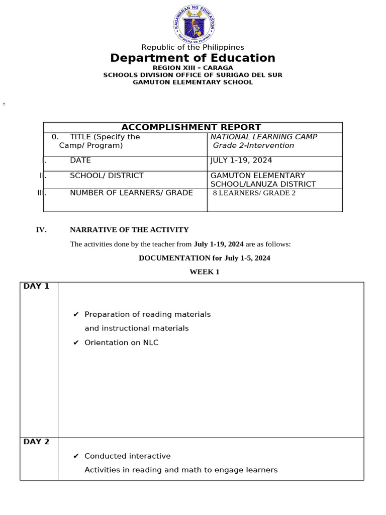 National Learning Camp Accomplishment Report | PDF | Learning ...