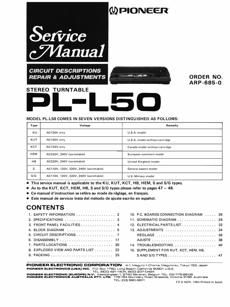 Pioneer PL-L50 Turntable Manual | PDF | Alternating Current | Mains ...