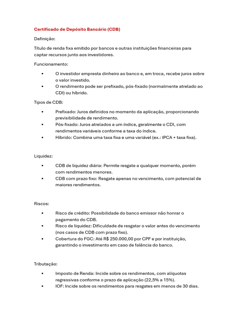 CDB e Tesouro Direto | PDF | Comprovante de depósito | Economias