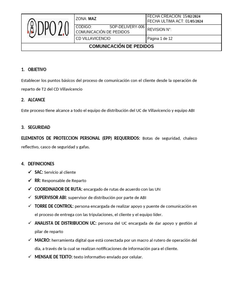 SOP RP 006 Comunicacion Al Cliente Villavicencio | PDF | Comunicación