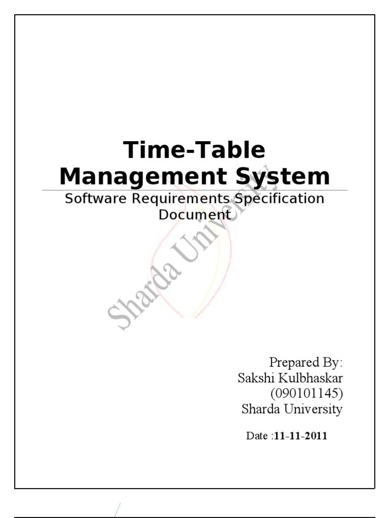 TimeTable Management System Software Requirements Specification Document PDF Specification