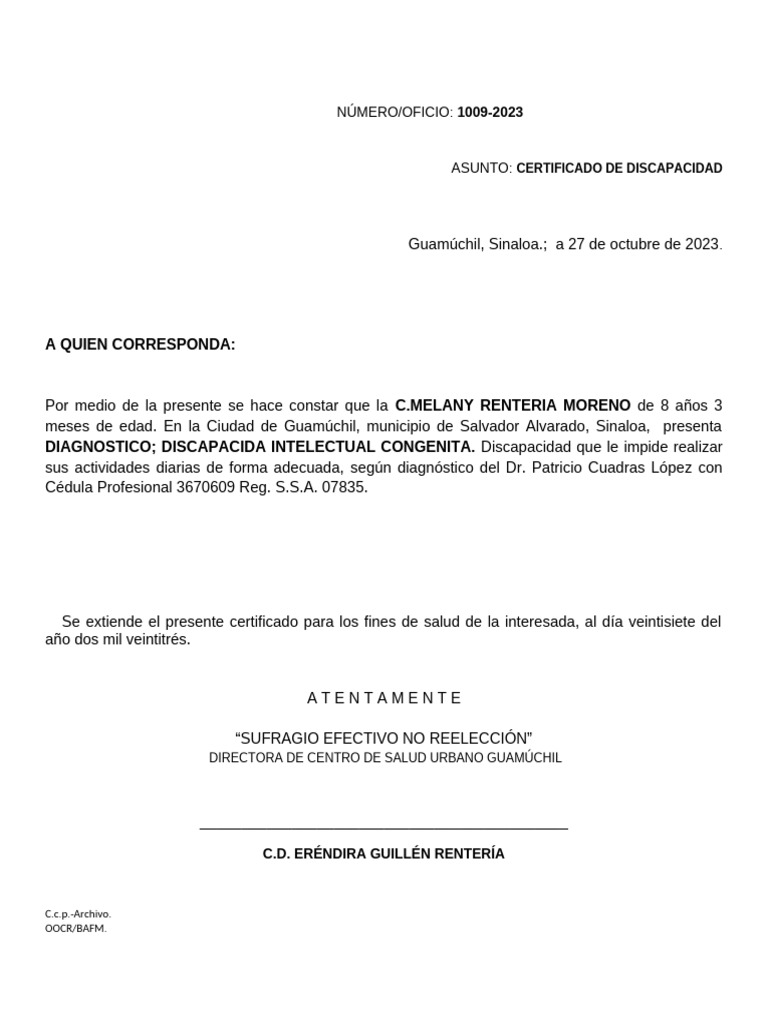 Certificado de Discapacidad | PDF | Invalidez | Especialidades Medicas