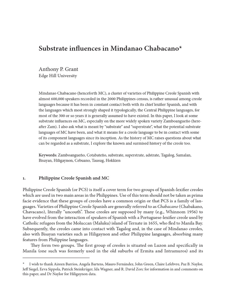 Grant 2011 Substrate Influences in Mindanao Chabacano (Creoles, Their ...