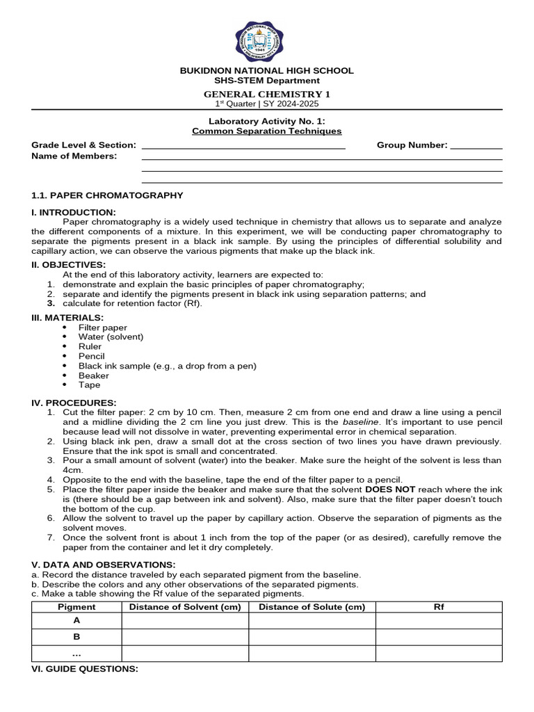 GENCHEM1 - Laboratory - Lesson 4 - Separation Techniques | PDF ...