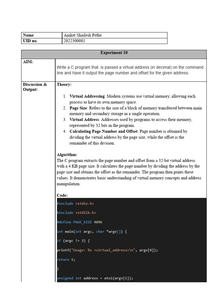 Virtual Address to Page Number C Program | PDF