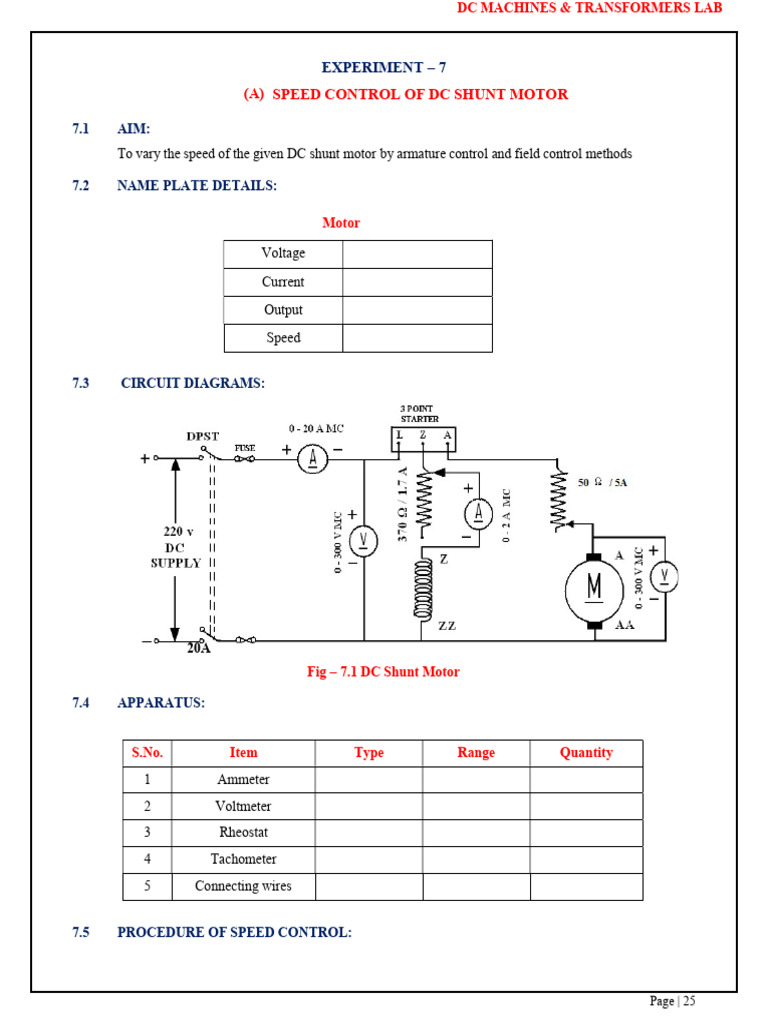 Speed Control of DC Shunt Motor | PDF | Electric Motor | Electrical ...