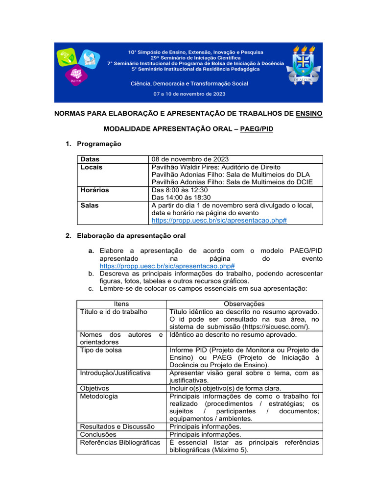 Normas para Apresentação Oral PAEG/PID | PDF