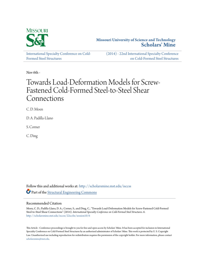 Towards Load-Deformation Models For Screw-Fastened Cold-Formed ST | PDF ...