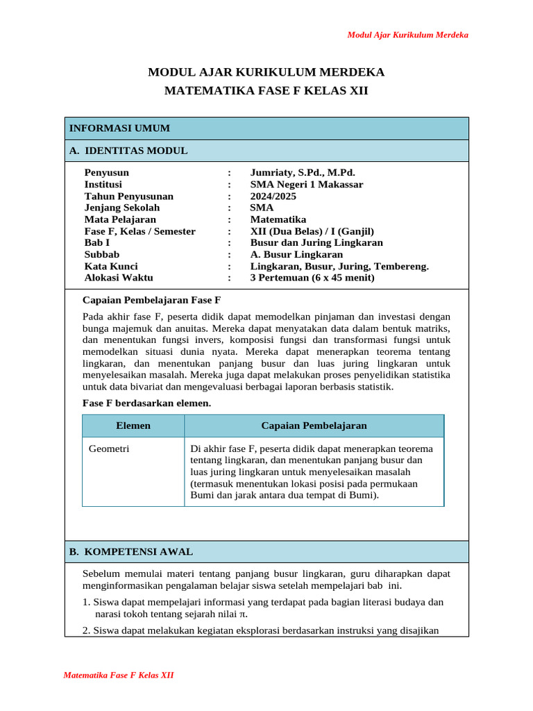Modul Ajar Matematika Kelas XII Fase F | PDF