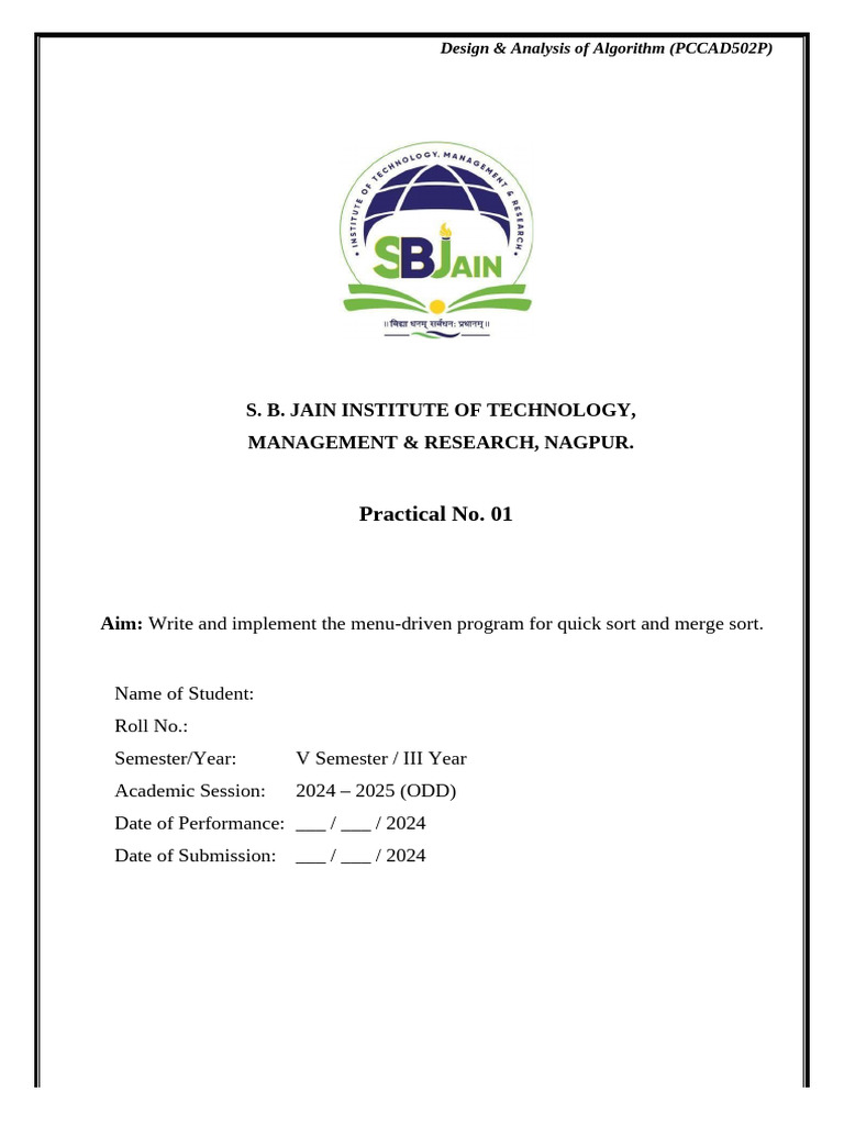 DAA Lab - Practical No. 01 - AI&DS | PDF | Time Complexity | Computer ...