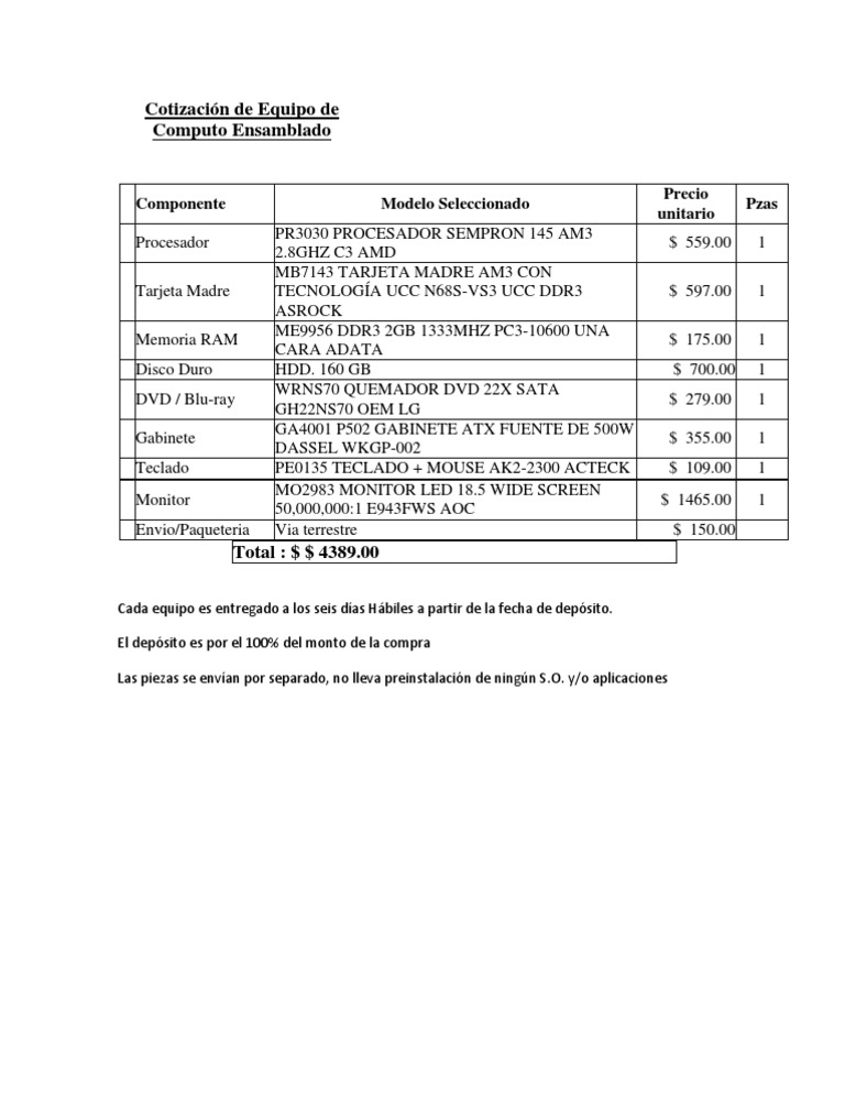Cotización de Equipo de Computo Ensamblado | PDF