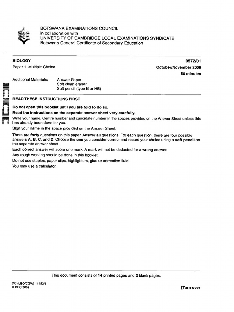 Biology Paper 1 2009 Pdf