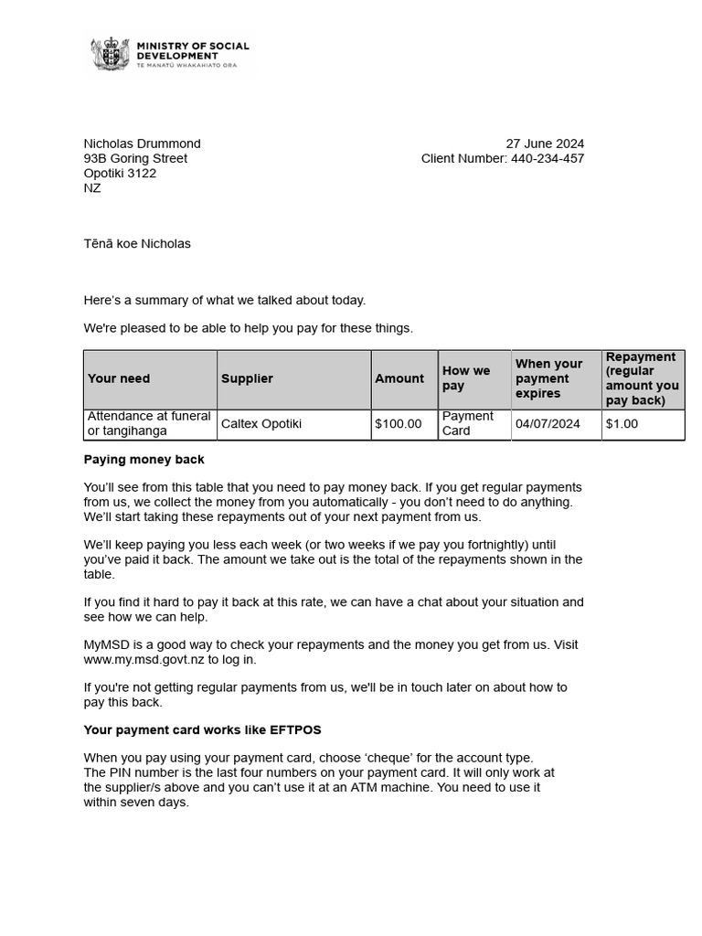 WINZ Payment Summary for Nicholas Drummond | PDF | Money