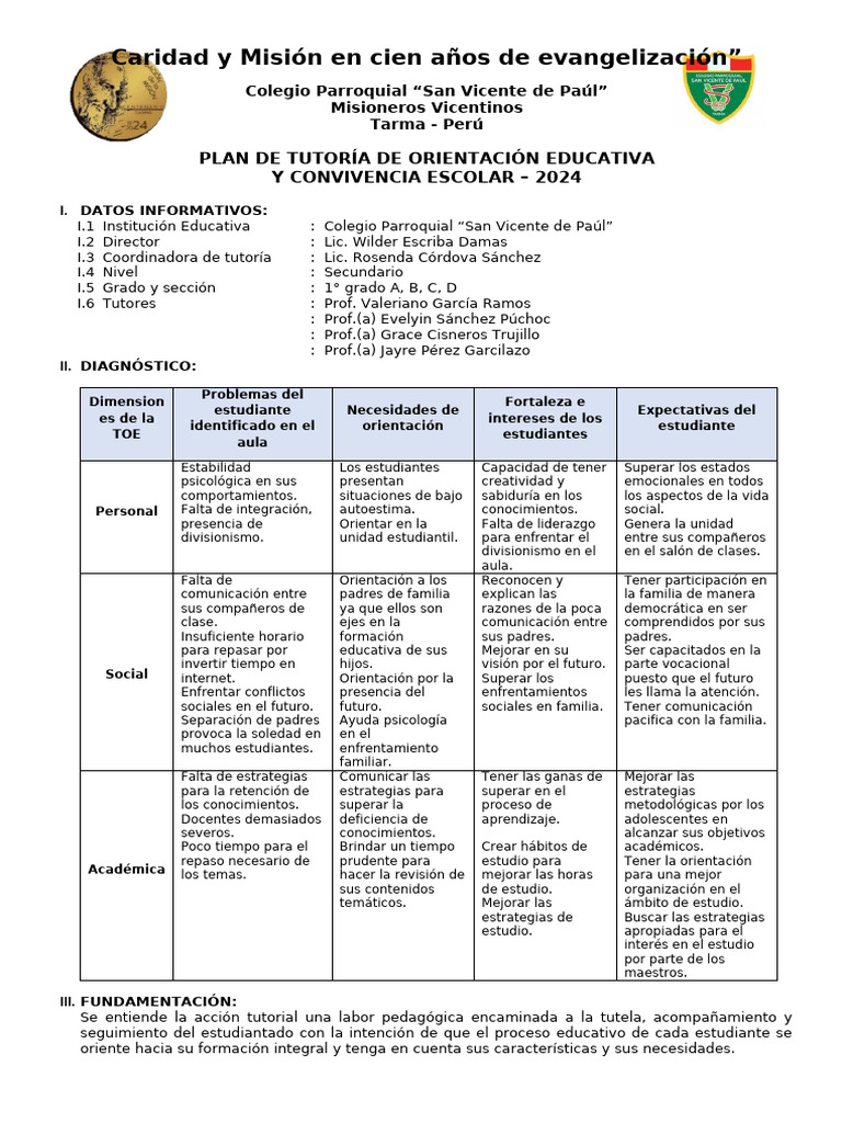 Plan Anual Tutoría Primer Grado 2024 | PDF | Aprendizaje | Plan de estudios