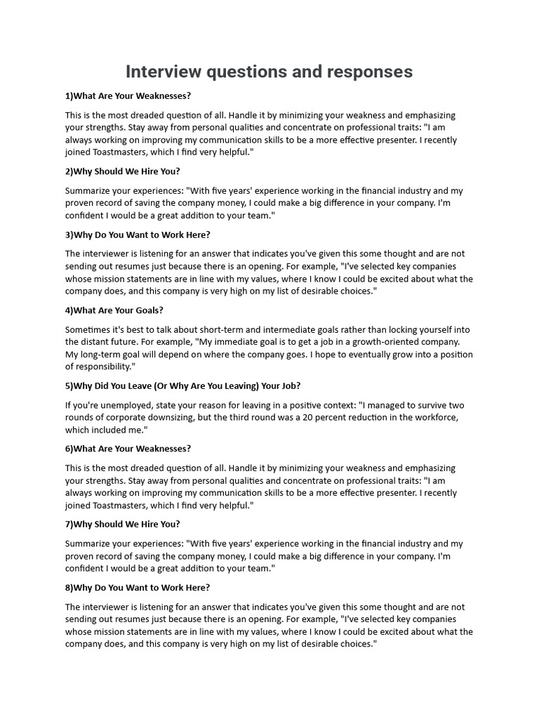 Interview Questions and Responses | PDF | Goal | Layoff
