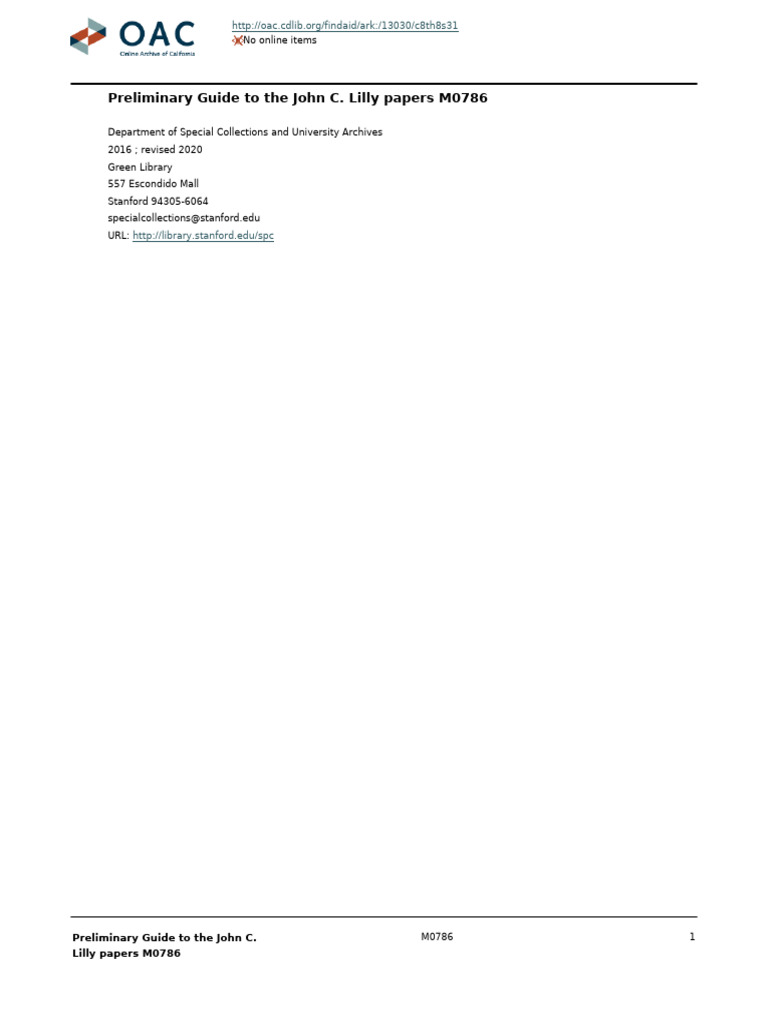 John C. Lilly Papers Guide M0786 | PDF