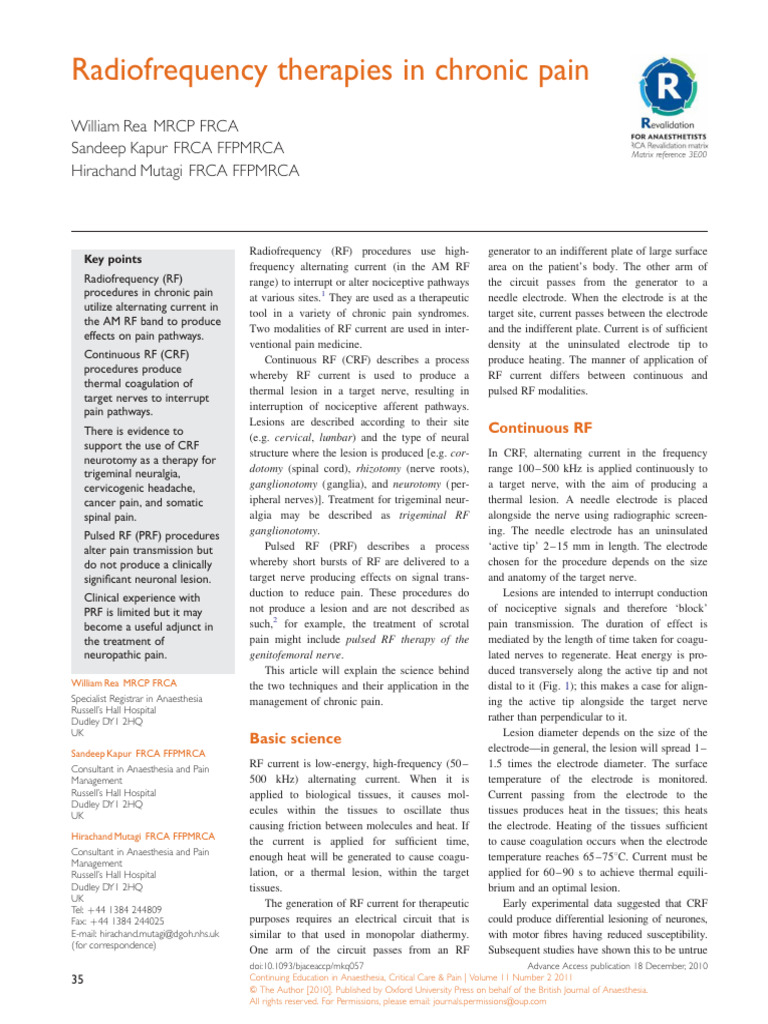 Radiofrequency Therapies in Chronic Pain Cea | PDF | Pain | Anatomy