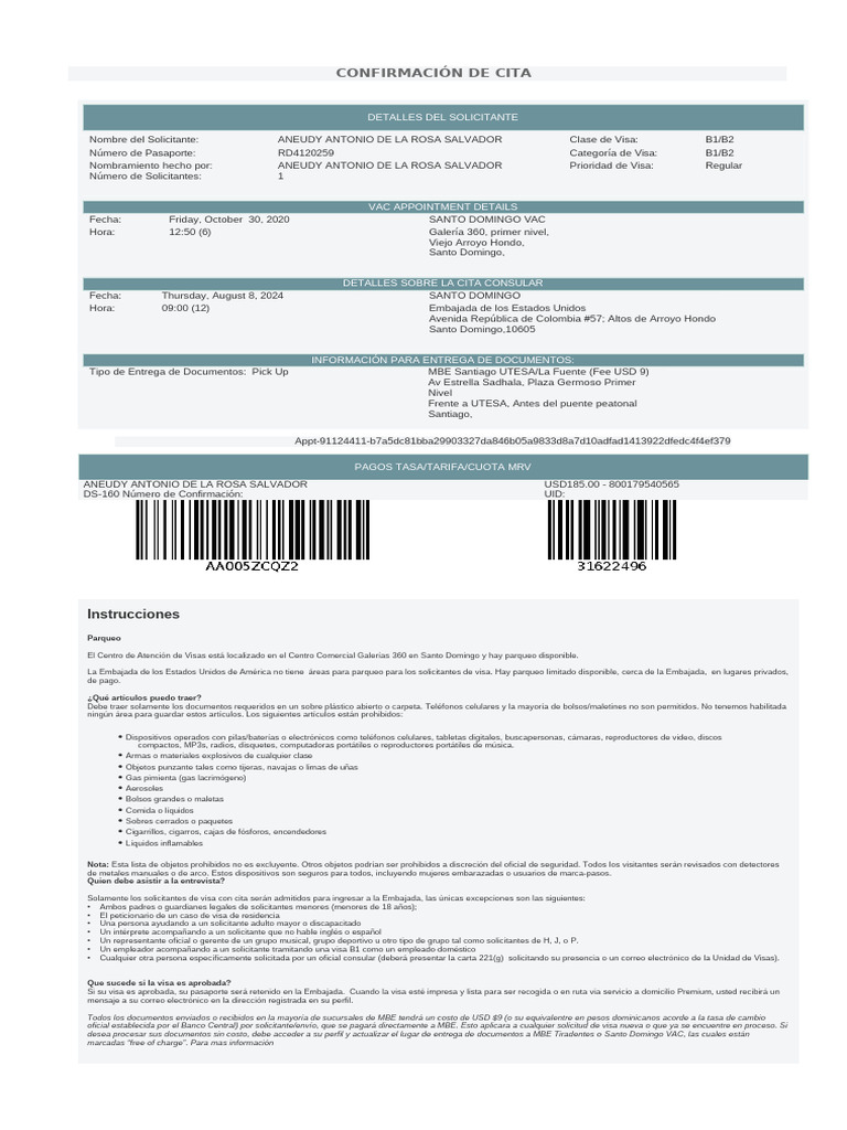 Confirmación De Cita Pdf Visa De Viaje