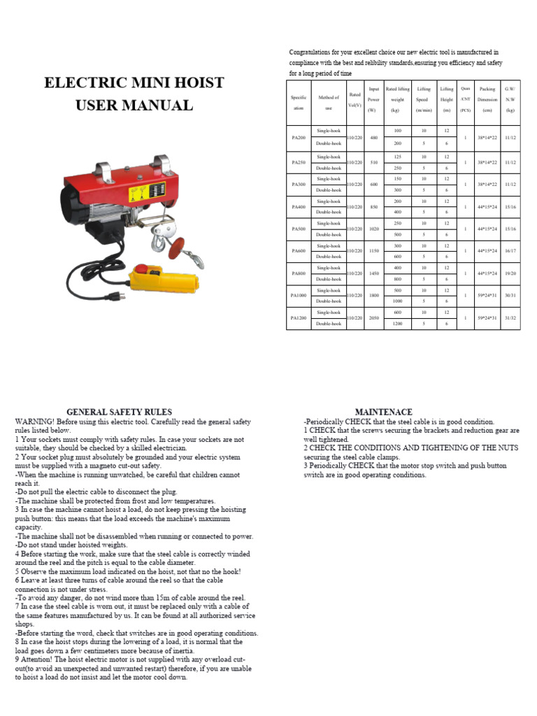 Electric Mini Hoist User Manual | PDF | Electrical Connector | Equipment