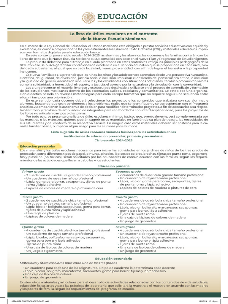 Lista de Útiles Escolares-Sep | PDF | Lápiz | Inclusión (Educación)