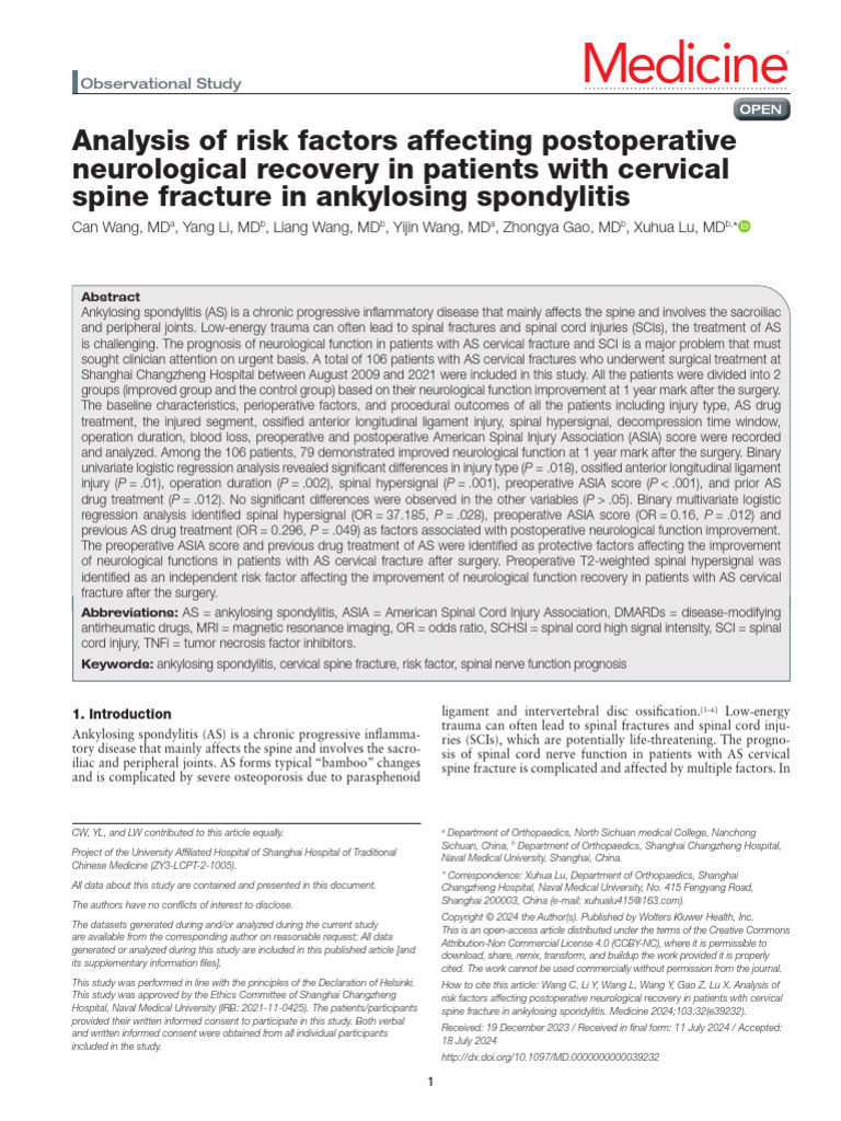 Analysis of Risk Factors Affecting Postoperative.6 | PDF | Spinal Cord ...