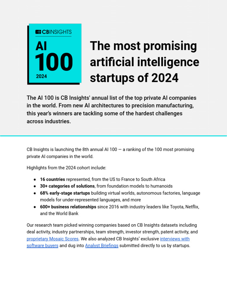 Top AI Startups of 2024 | PDF | Artificial Intelligence | Intelligence ...