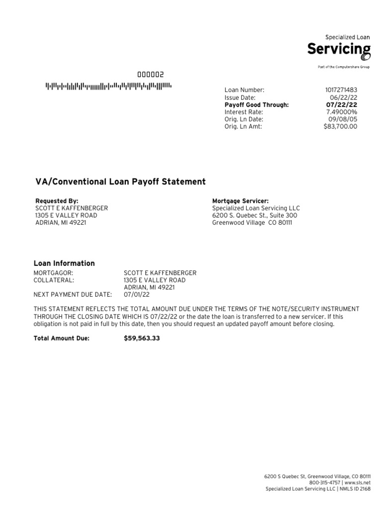 PAY001 Payoff Statement 06222022 | PDF | Bankruptcy | Debt