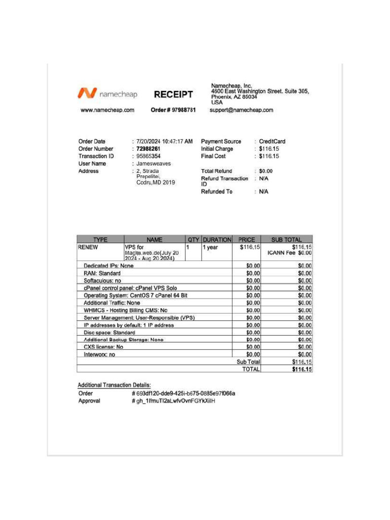 Anna magdalena namecheap order receipt pdf
