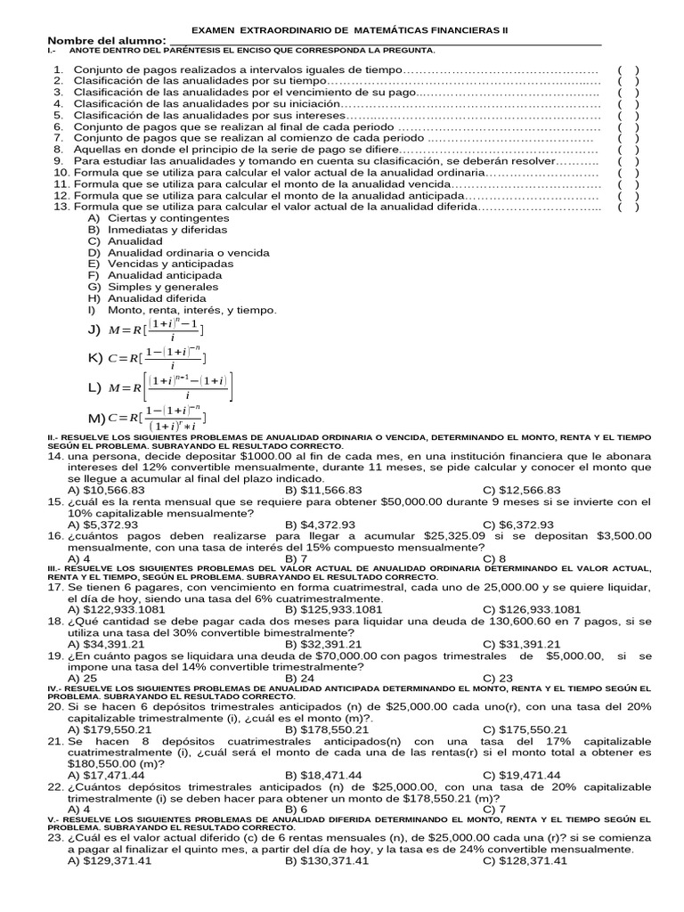 Examen Extraordinario de Matematicas Financieras Ii | PDF | Finanzas y ...