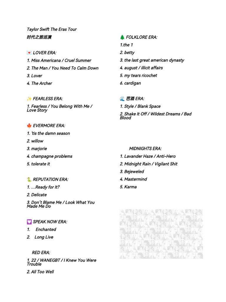 Taylor Swift Eras Tour Setlist Guide | PDF | Taylor Swift | Songs Written