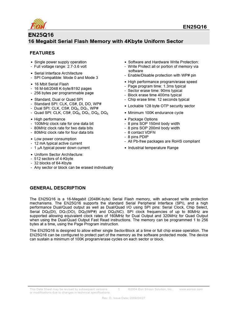 EN25Q16 16Mb Serial Flash Memory Data Sheet | PDF | Flash Memory ...