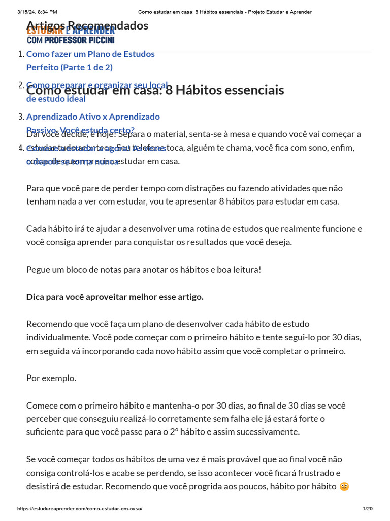 8 Hábitos para Estudar em Casa Eficazmente | PDF | Aprendizado | Motivação