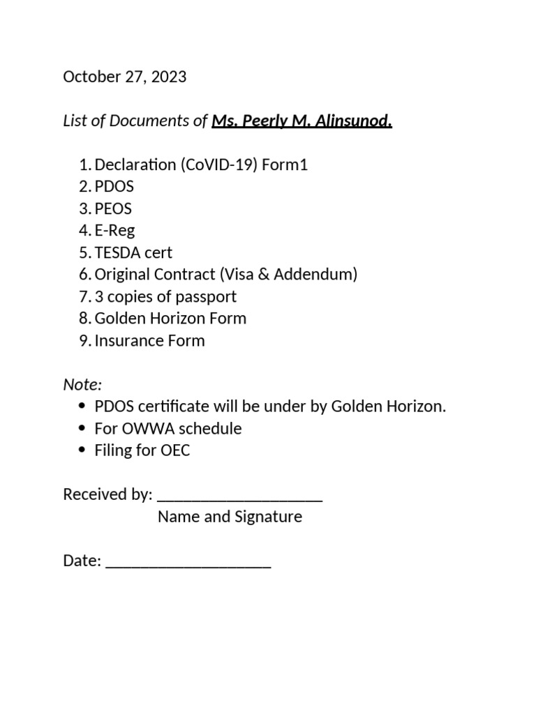 Ms. Peerly M. Alinsunod Document List | PDF | Finance & Money Management
