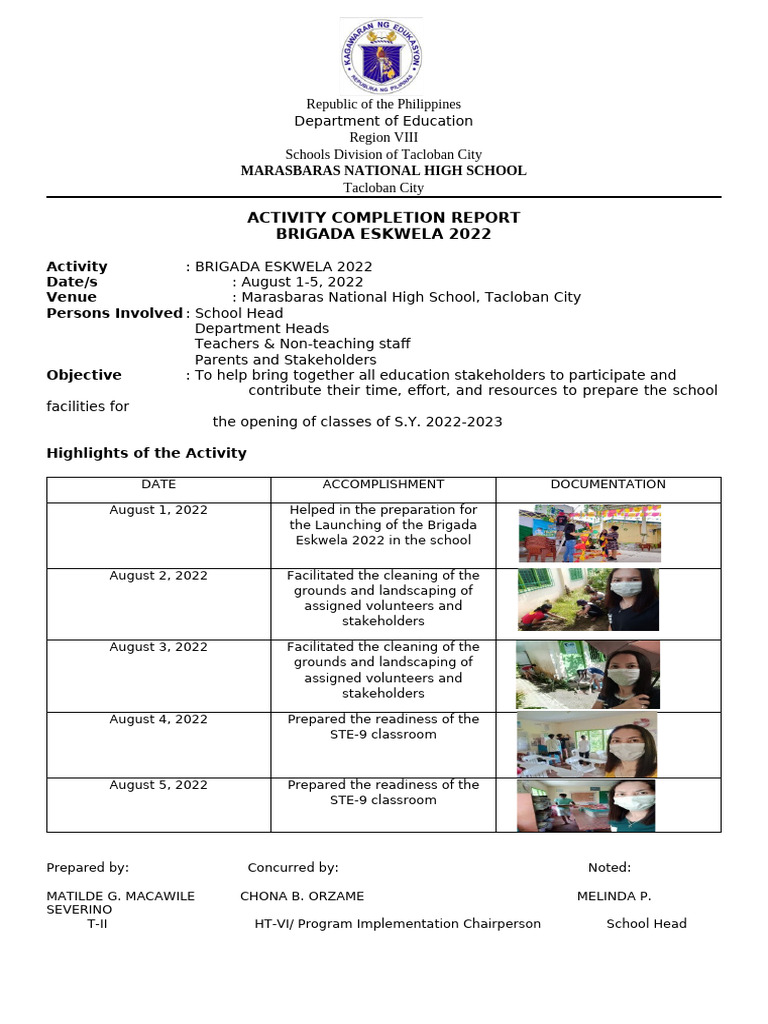 Brigada Eskwela 2022 Completion Report | PDF