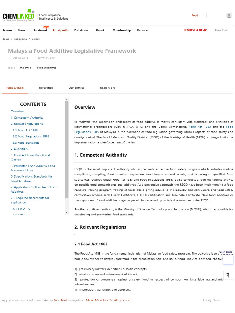 Malaysia Food Additive Legislative Framework - ChemLinked | PDF | Food ...