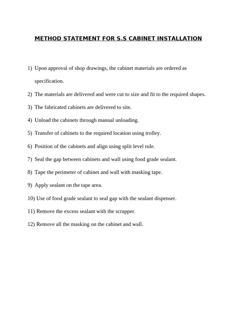 S.S Cabinet Installation Method Statement | PDF | Home & Garden ...