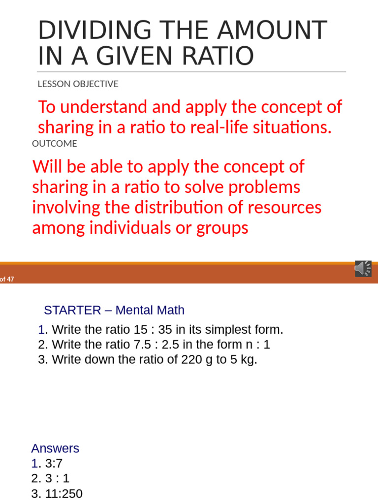 Dividing Amounts in Ratios Explained | PDF | Lime (Fruit) | Ratio