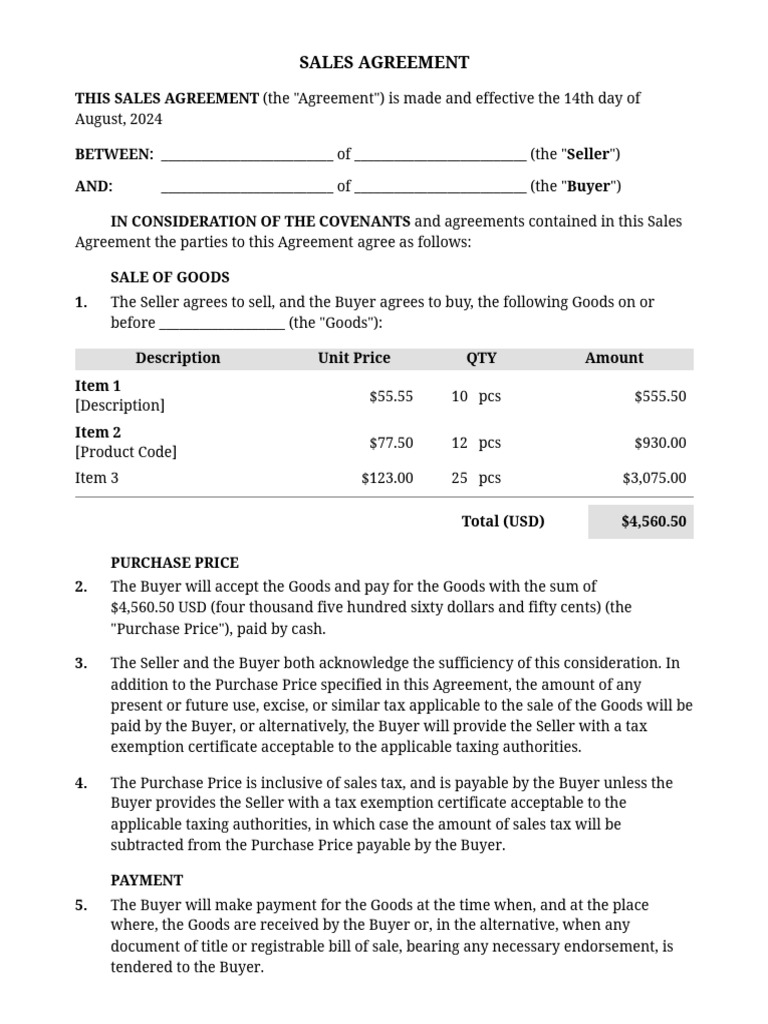 Sales Agreement | PDF | Sales | Prices