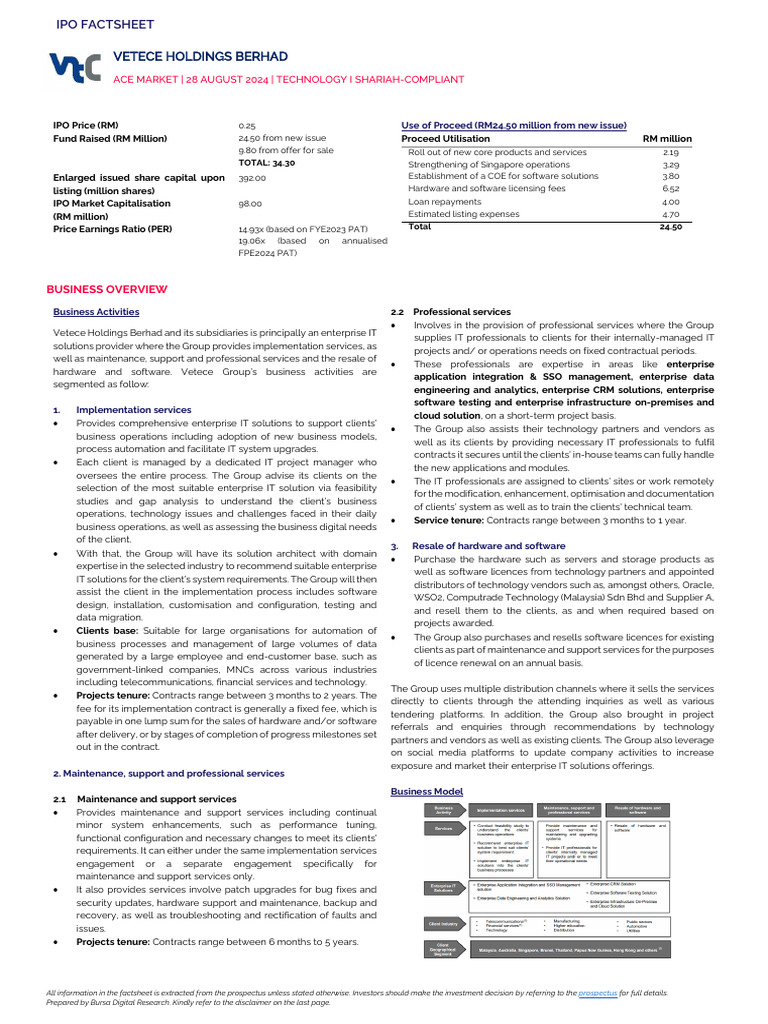 Vetece Holdings Berhad IPO Factsheet | PDF | Governance | Analytics