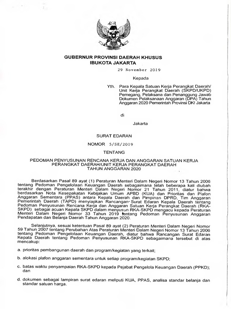 Se Sekda No 5 Se 2019 Ttg Pedoman Penyusunan Renja Perangkat Daerah