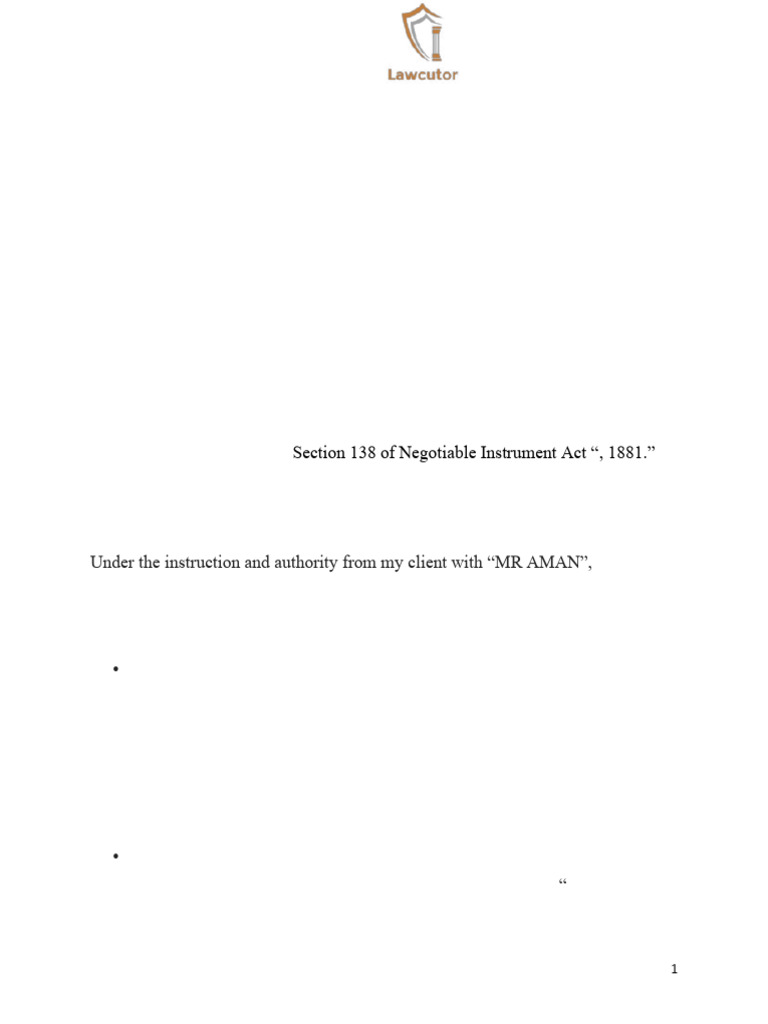 Legal Notice Under Section 138 NIA | PDF | Cheque | Negotiable Instrument