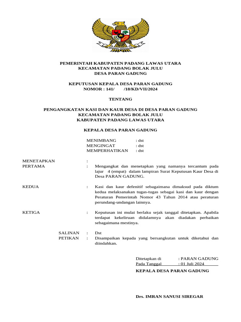 Pengangkatan Kasi Dan Kaur Desa Paran Gadung Pdf