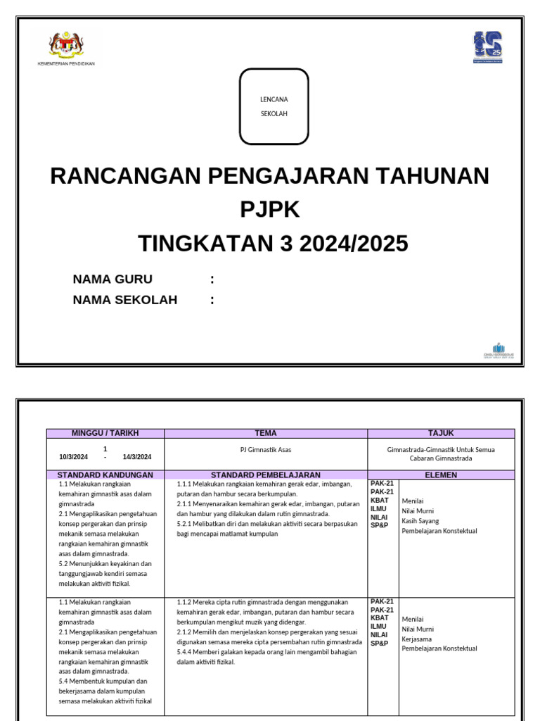 1.1 RPT SMK PJPK Tingkatan 3 2024-2025 | PDF | Sains & Matematika
